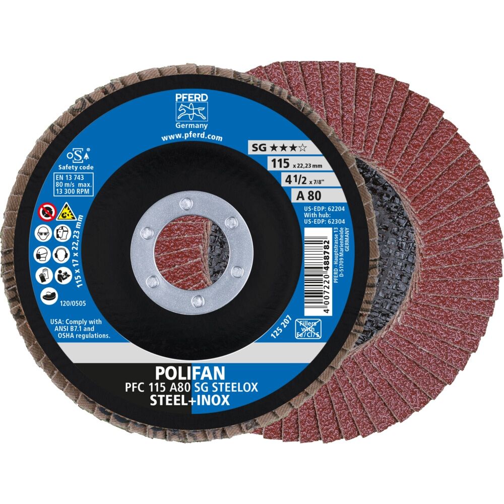 PFERD Fächerschleifscheibe Korund 115x22mm gewölbt K80 PFERD Fächerschleifscheibe Korund 115x22mm gewölbt K80
