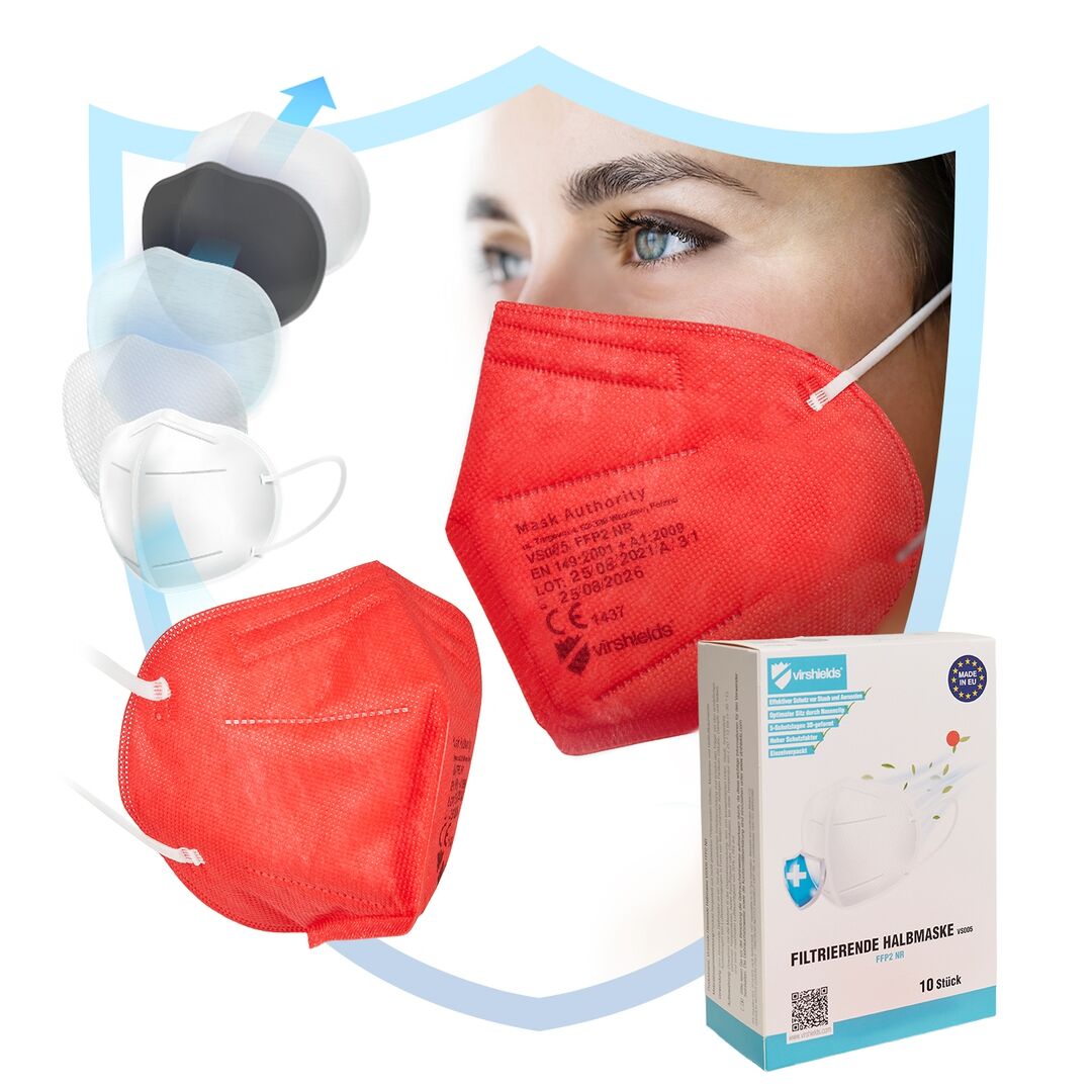 VIRSHIELDS Atemschutzmaske ohne Ventil EN149:2001+A1:2009 FFP2 NR, rot