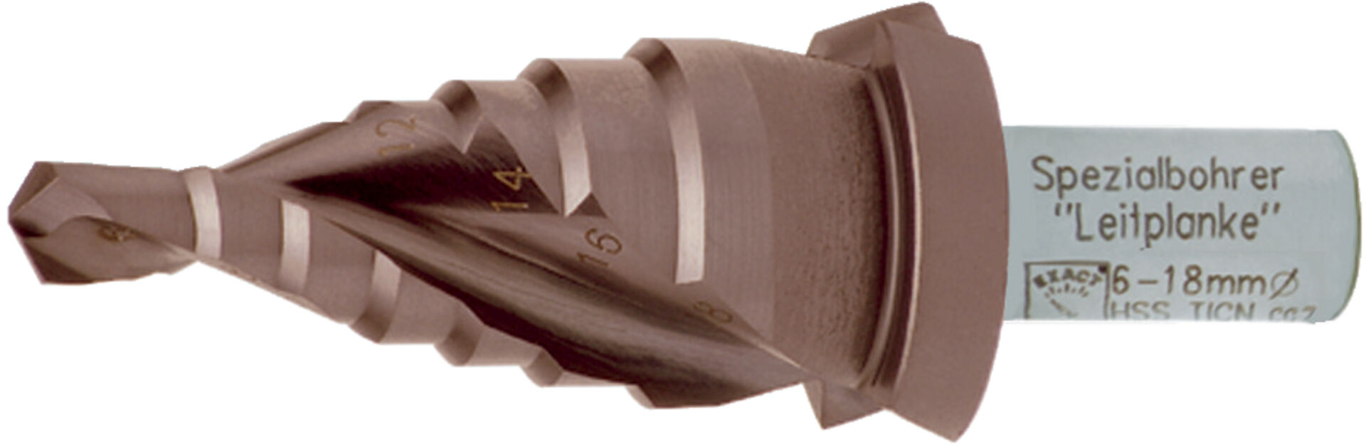 EXACT Spezial Stufenbohrer HSSTiCN 6-18mm Leitpl. EXACT Spezial Stufenbohrer HSSTiCN 6-18mm Leitpl.