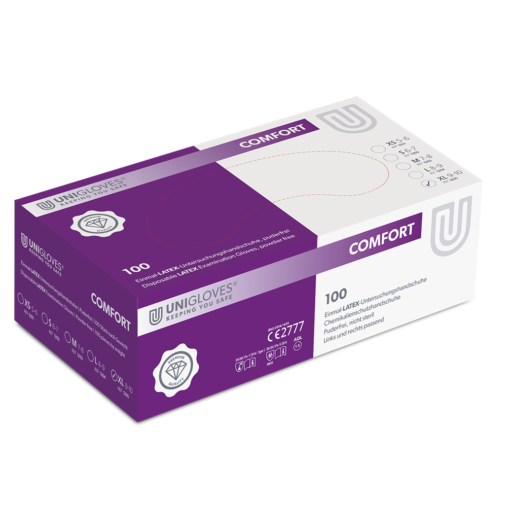 UNIGLOVES COMFORT Latexhandschuhe 1205 puderfrei Gr. XL Box à 100St. UNIGLOVES COMFORT Latexhandschuhe 1205 puderfrei Gr. XL Box à 100St.