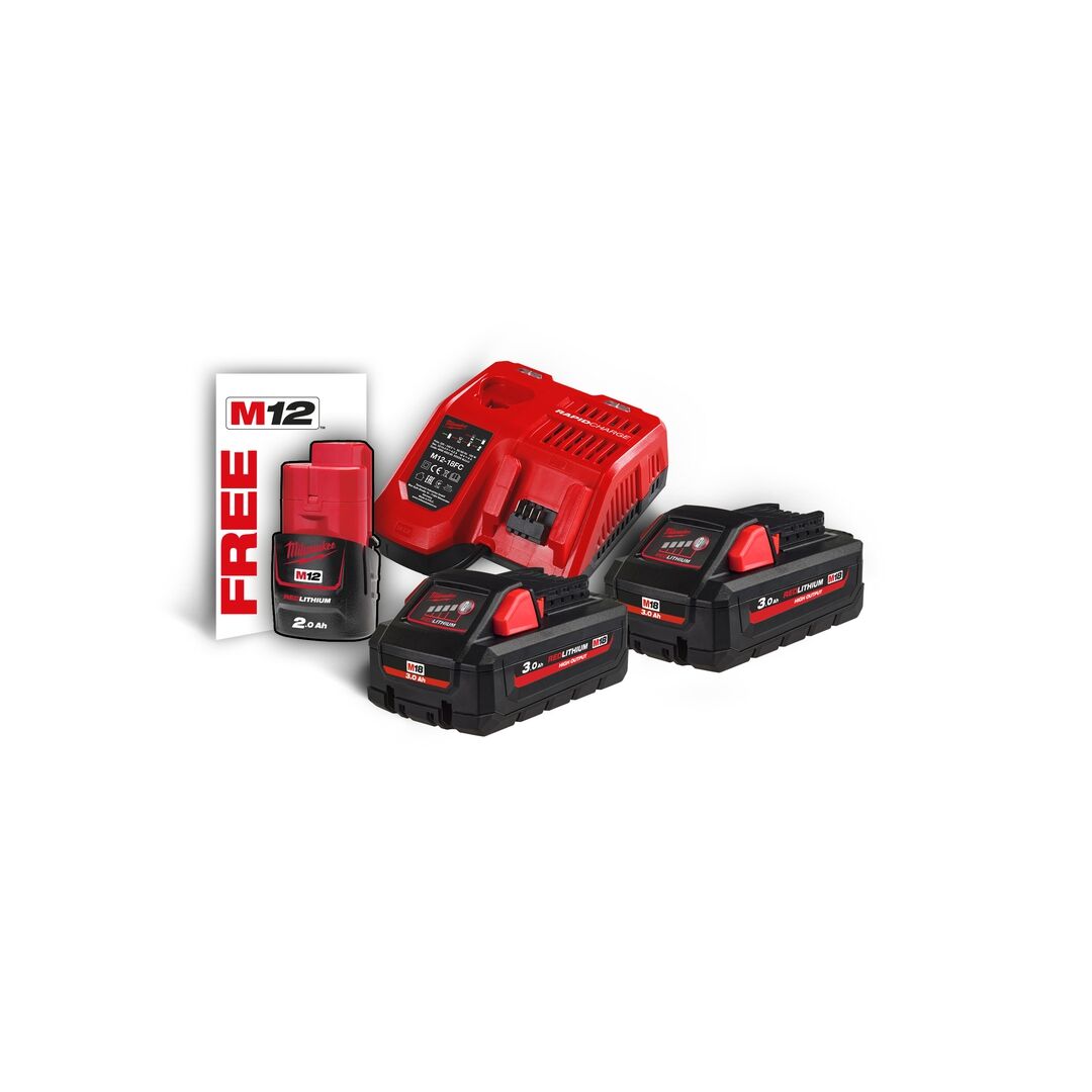 MILWAUKEE 18V Starterset M18HNRG-302 2x18V/3Ah 1x12V/2,0Ah Ladegerät