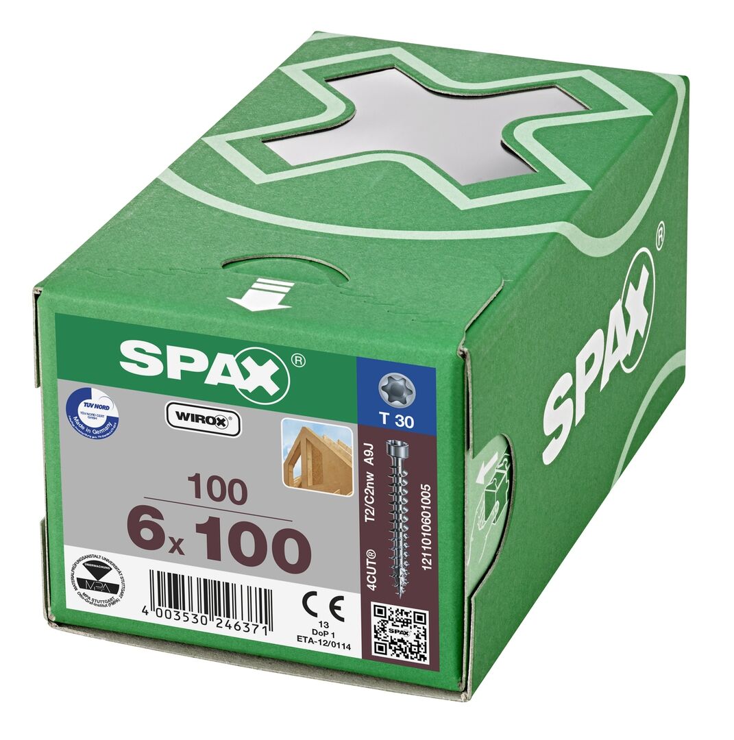SPAX Zylinderkopf T-STAR+ T30 Vollg. 4CUT WIROX 100St, 6x100mm