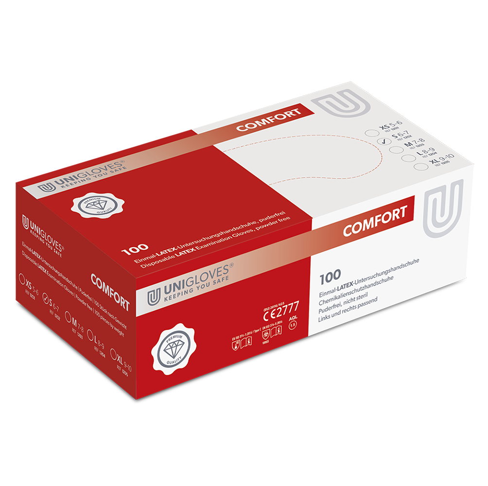 UNIGLOVES COMFORT Latexhandschuhe 1202, puderfrei, Gr. S, Box à 100 St.
