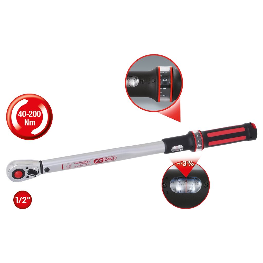 KS-TOOLS Drehmomentschlüssel 40-200 Nm 1/2", mit Quick-Lock Drehknopf Umsteck.