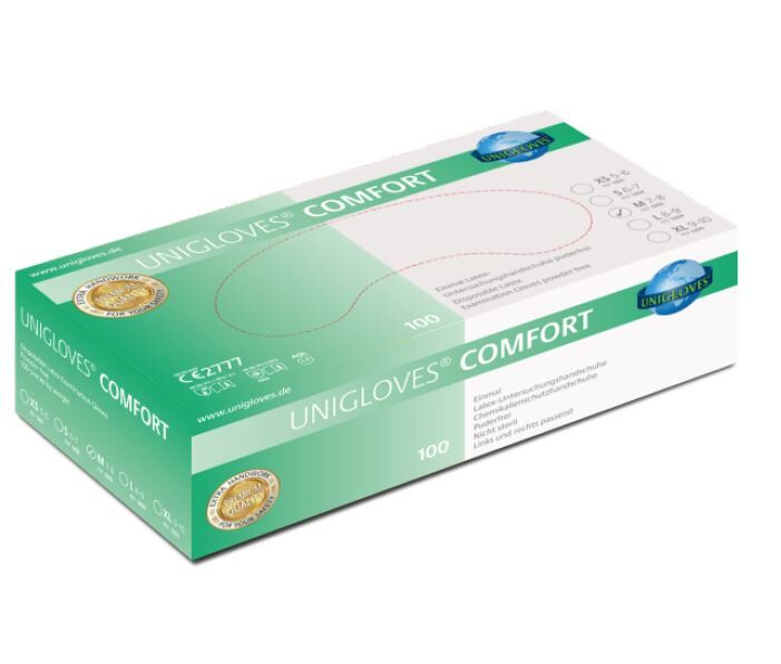 UNIGLOVES COMFORT Latexhandschuhe 1203, puderfrei, Gr. M, Box à 100 Stück