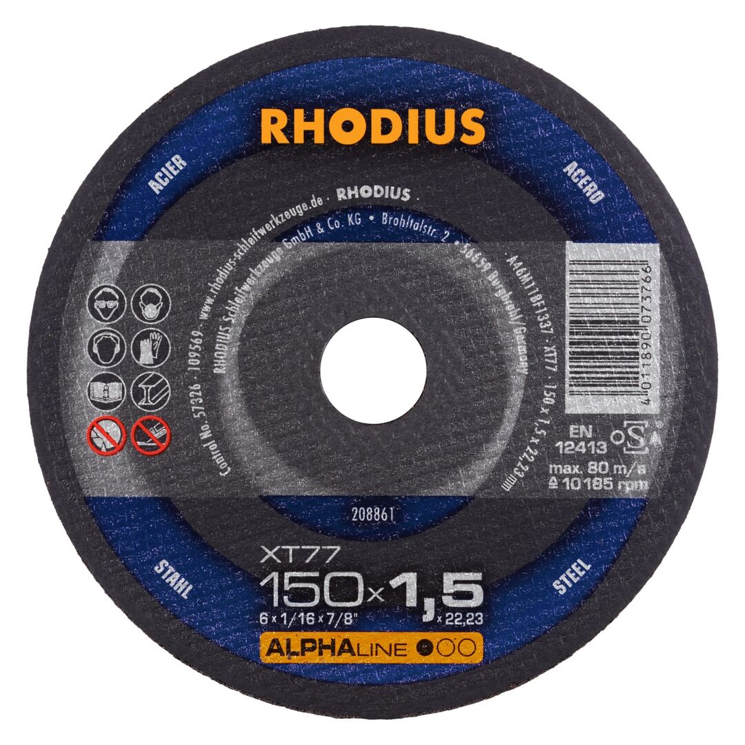 RHODIUS Trennscheibe XT77 ALPHALINE 150x1,5x22,23mm ger. 208861 VE=25St. RHODIUS Trennscheibe XT77 ALPHALINE 150x1,5x22,23mm ger. 208861 VE=25St.