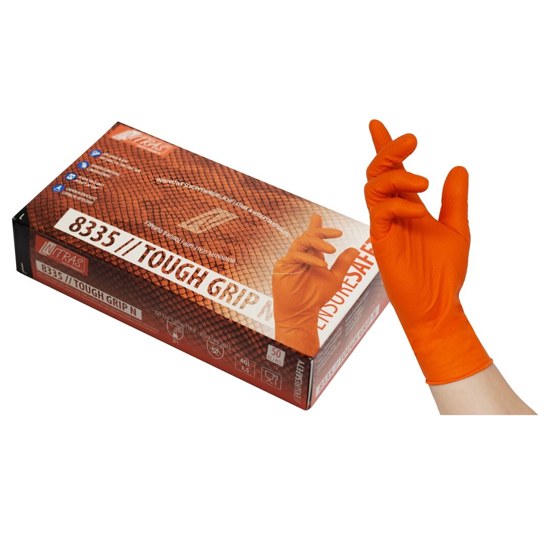 NITRAS Einmalhandschuhe TOUGH GRIP 8335 Nitril orange Gr. M Pack a 50St. NITRAS Einmalhandschuhe TOUGH GRIP 8335 Nitril orange Gr. M Pack a 50St.
