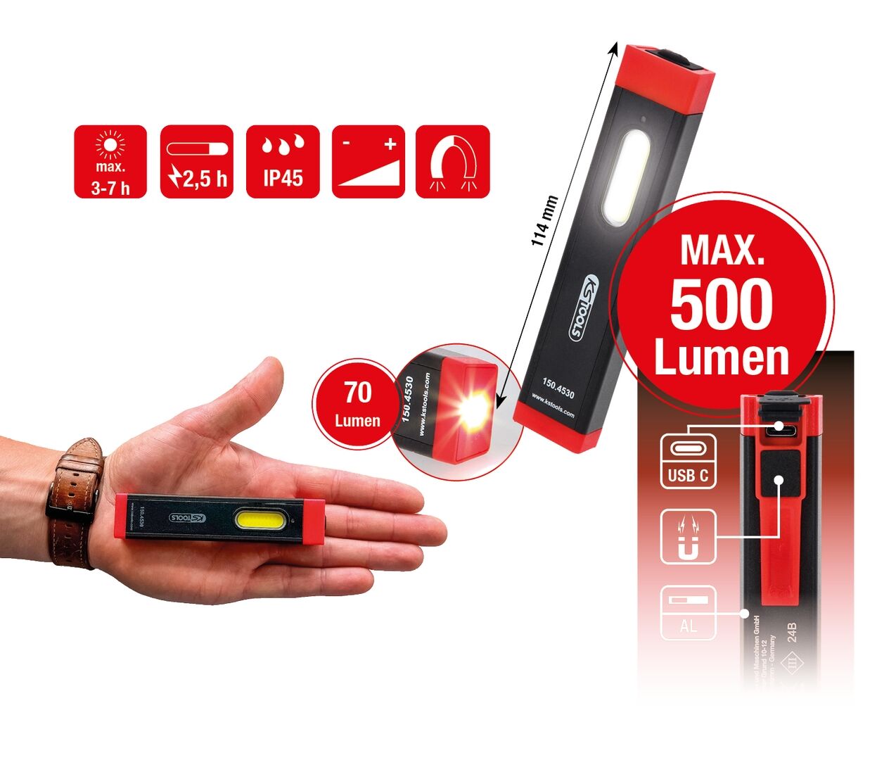 KS TOOLS Inspektionslampe Li-Ion UltimateBEAM Aluminium 500 Lumen