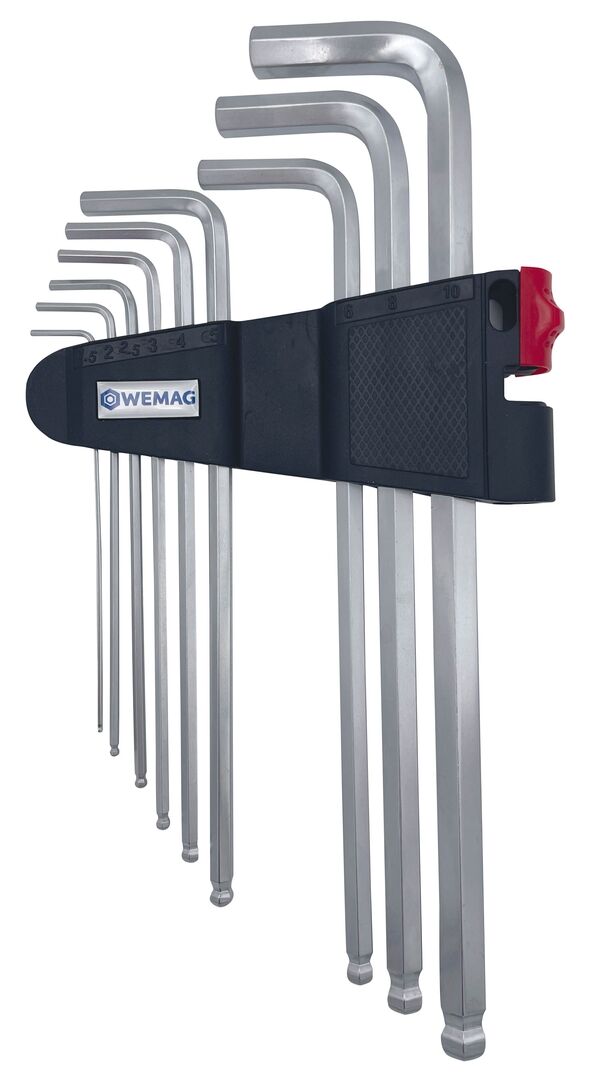 WEMAG Winkelschraubendreher-Satz lang 1,5-10 mm, Kugelkopf, 6-kant mit Halter WEMAG Winkelschraubendreher-Satz lang 1,5-10 mm, Kugelkopf, 6-kant mit Halter