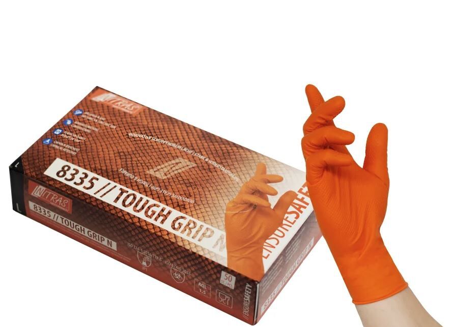 NITRAS Einmalhandschuhe TOUGH GRIP 8335 Nitril orange Gr. M Pack a 50St. NITRAS Einmalhandschuhe TOUGH GRIP 8335 Nitril orange Gr. M Pack a 50St.