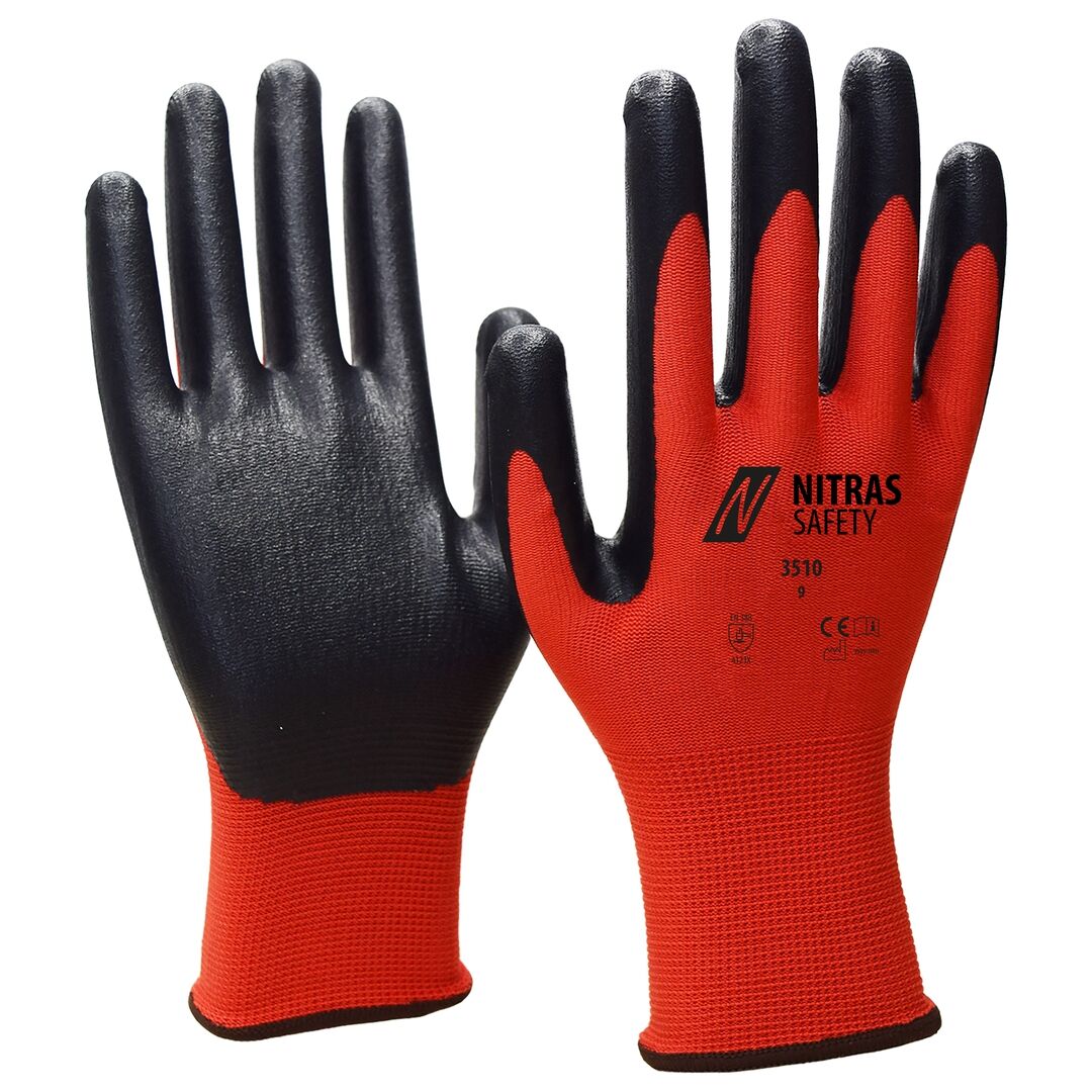 NITRAS Nylon-Nitrilhandschuh rot/ schwarz Nitrilschaum-Beschichtung Gr.7