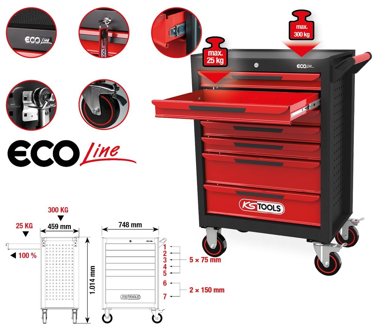 KS TOOLS ECOline SCHWARZ/ROT Werkstattwagen mit 7 Schubladen KS TOOLS ECOline SCHWARZ/ROT Werkstattwagen mit 7 Schubladen