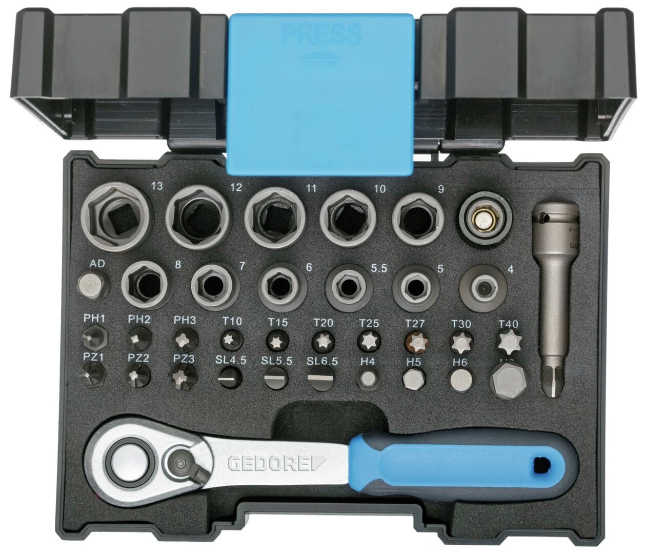 GEDORE Bit-Steckschlüsselbox mit Knarre 1/4" 35tlg, 666-U-20, 2998211