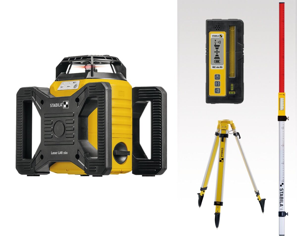 STABILA Rotationslaser Baulaser LAR160 Set 7-tlg. inkl. Empfänger Stativ & Nivellierlatte STABILA Rotationslaser Baulaser LAR160 Set 7-tlg. inkl. Empfänger Stativ & Nivellierlatte